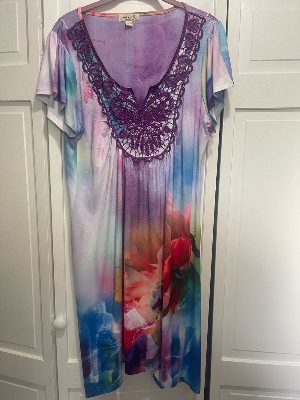 ONE WORLD Purple Embellished Butterfly Crochet Neckline Dress